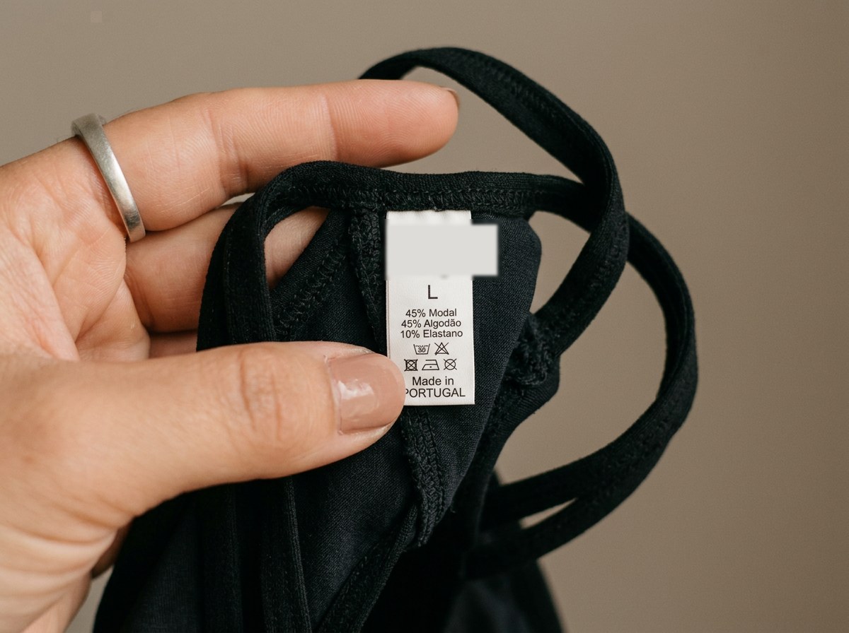 Hand holding a piece of black tucking lingerie to show its inside construction, seams and a care label reading 'Made in Portugal' — documentary detail from Vicky Baey's Portuguese atelier.