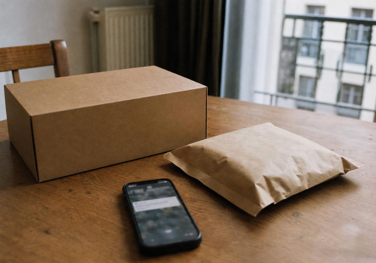 A plain unbranded cardboard parcel and kraft padded mailer on a wooden table with a phone showing a blurred delivery notification.
