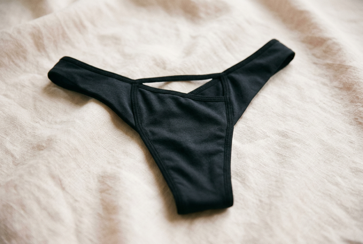 Macro detail of the black Vicky Baey Essential Tucking Thong waistband and recycled nylon fabric on pale pink linen, showing the weave and flat stitching that create support without squeezing.