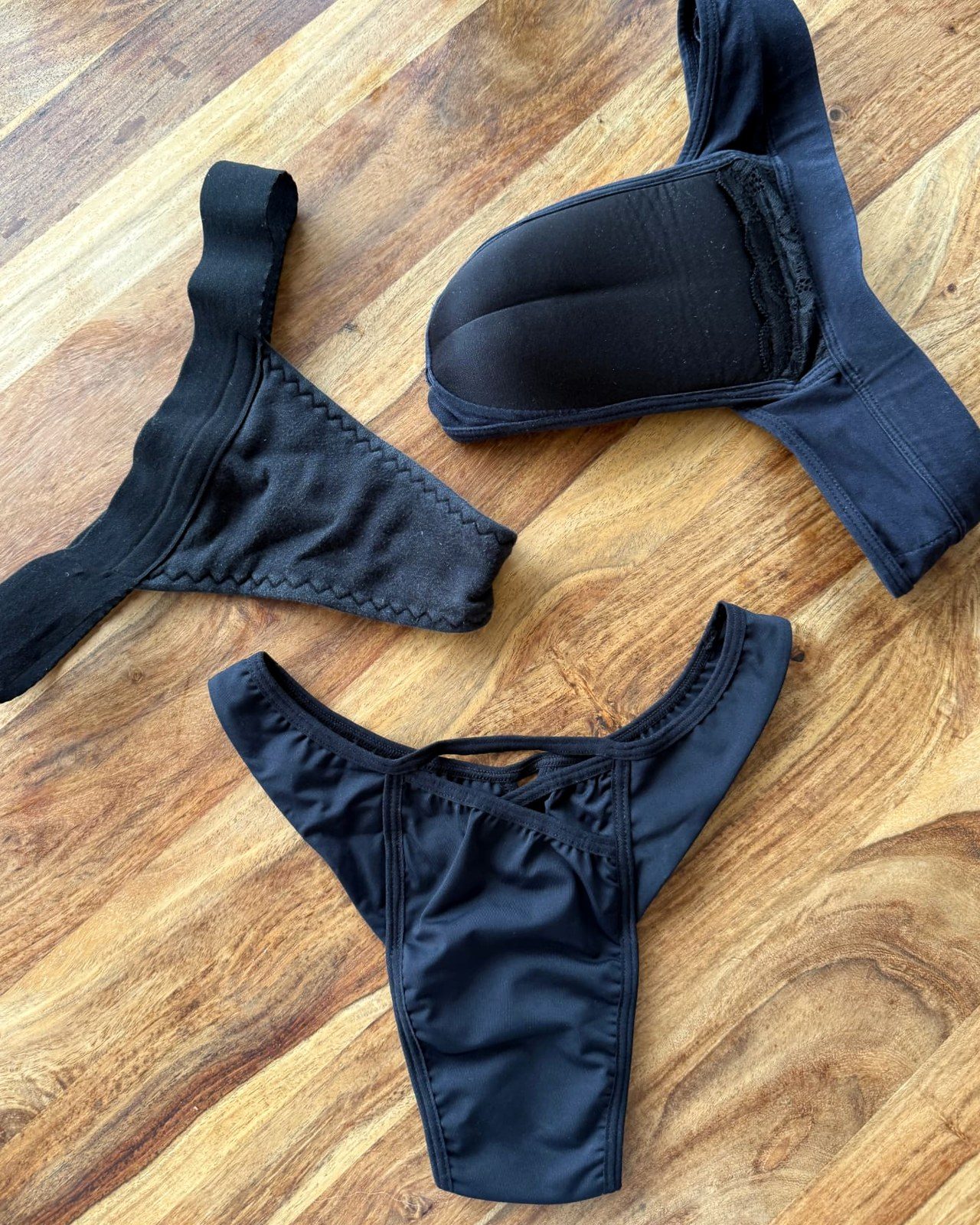 Other tucking underwear, a traditional gaff and the Vicky Baey Essential Tucking Thong shown side by side